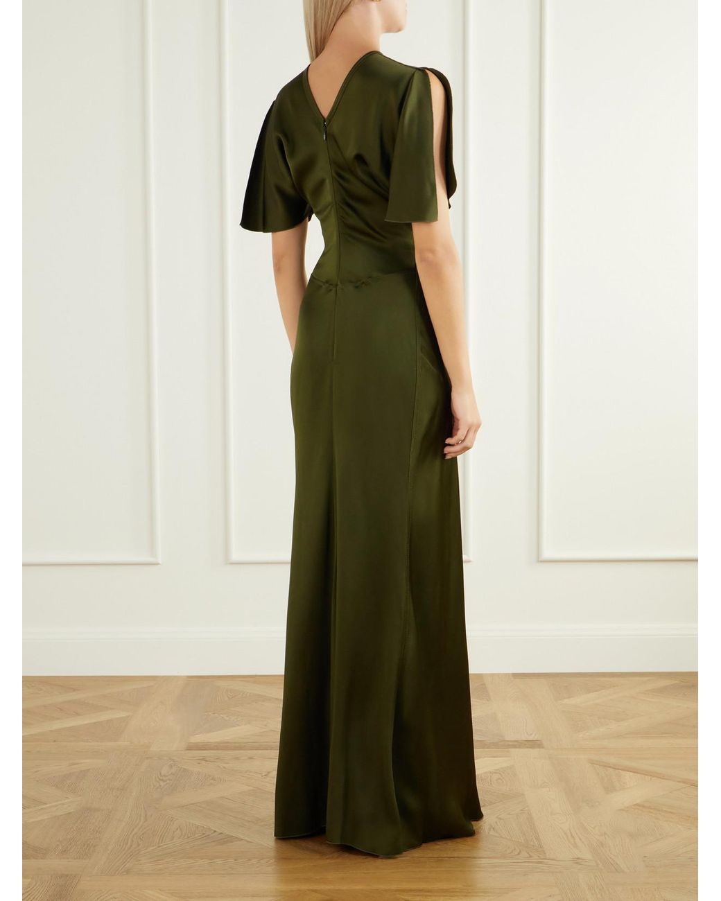 Victoria Beckham Green Isabella Gathered Crepe-Satin Gown