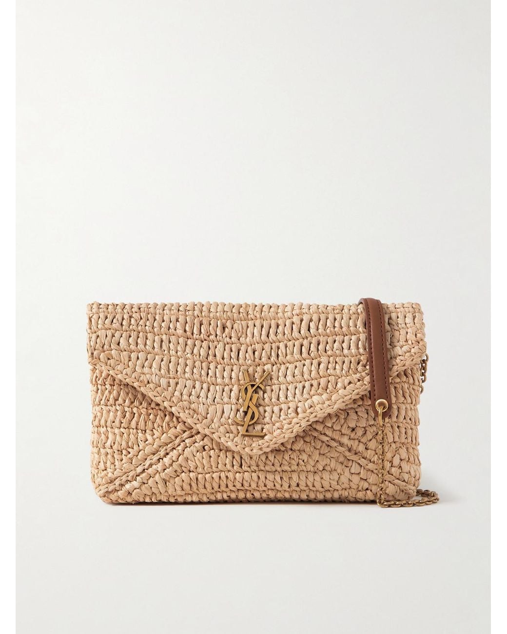 Saint Laurent Natural Cassandre Leather-Trimmed Raffia Shoulder Bag