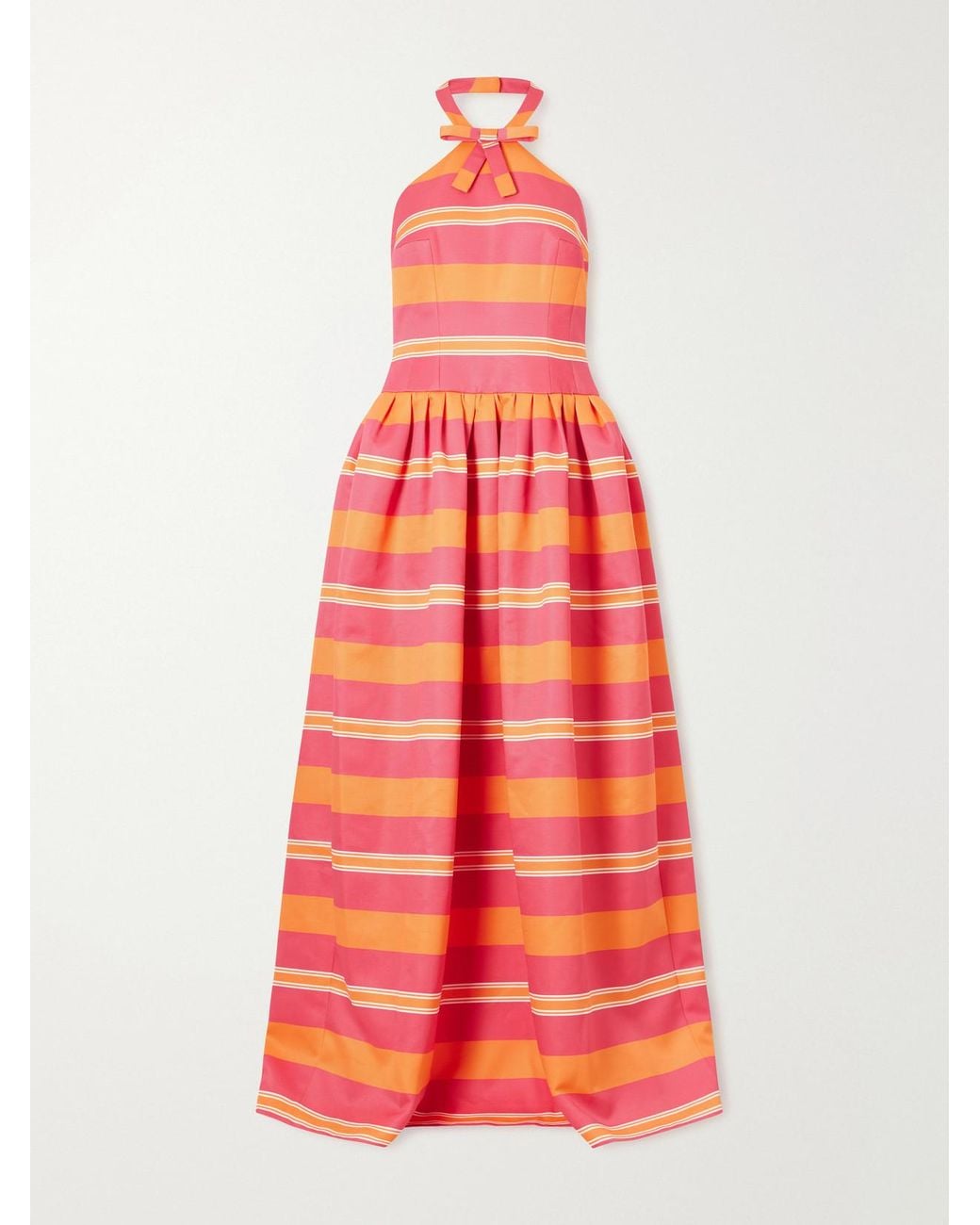 Emilia Wickstead Red Striped Bow-Detailed Striped Taffeta Halterneck Gown