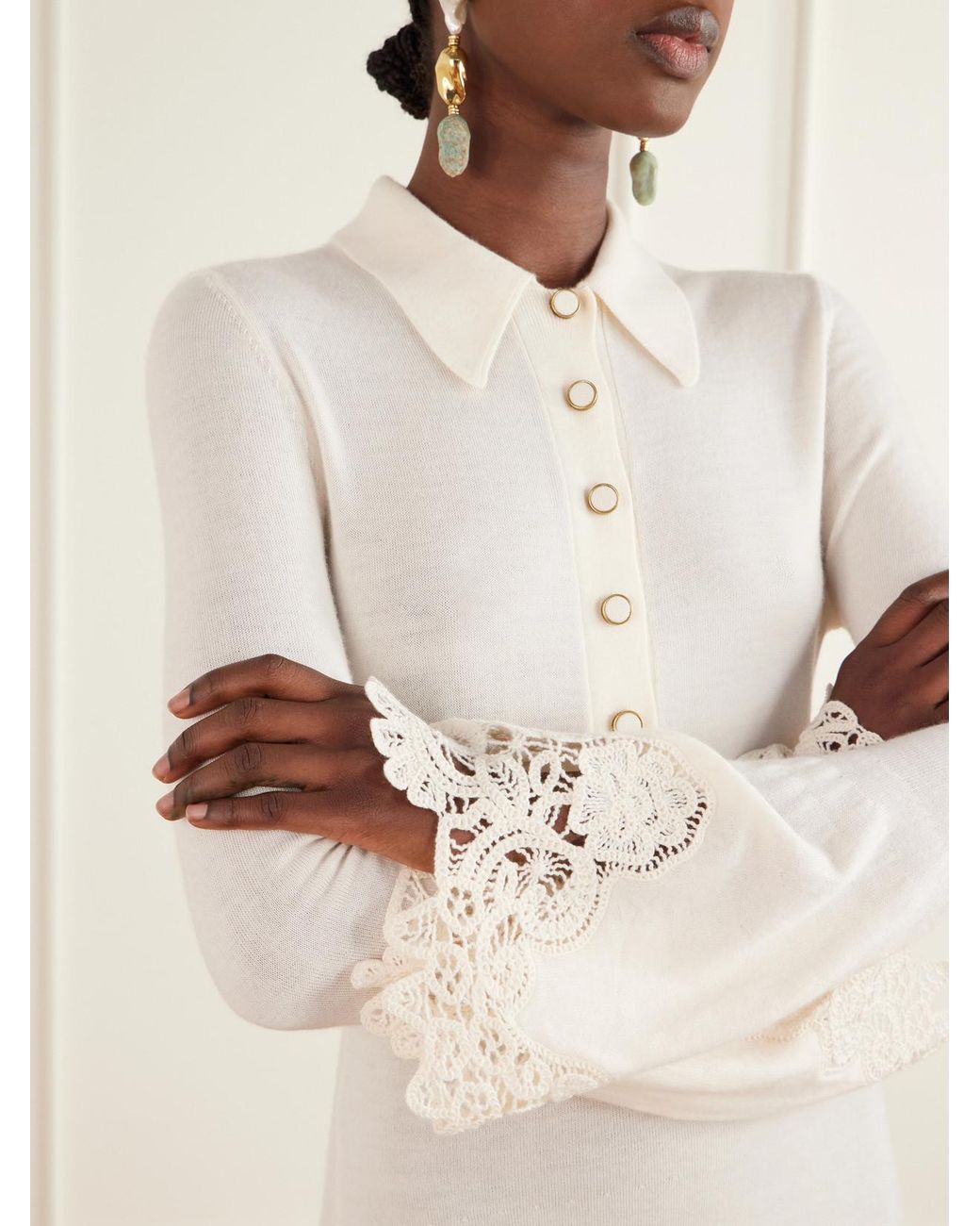 Zimmermann White Clash Crochet-Trimmed Wool Midi Dress