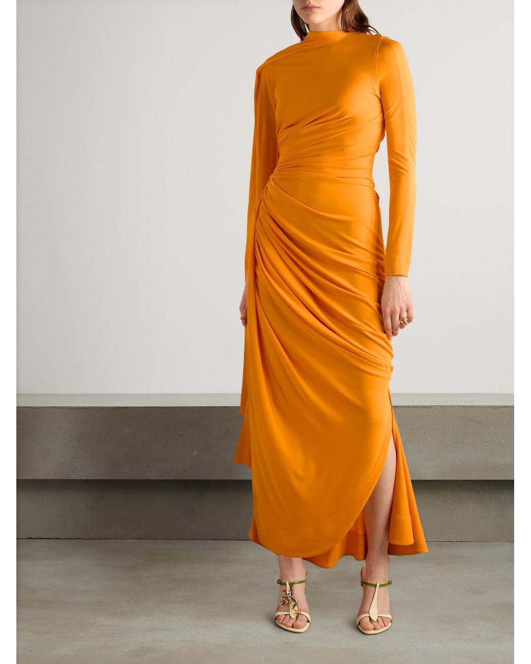 Bottega Veneta Orange Draped Gathered Jersey Maxi Dress