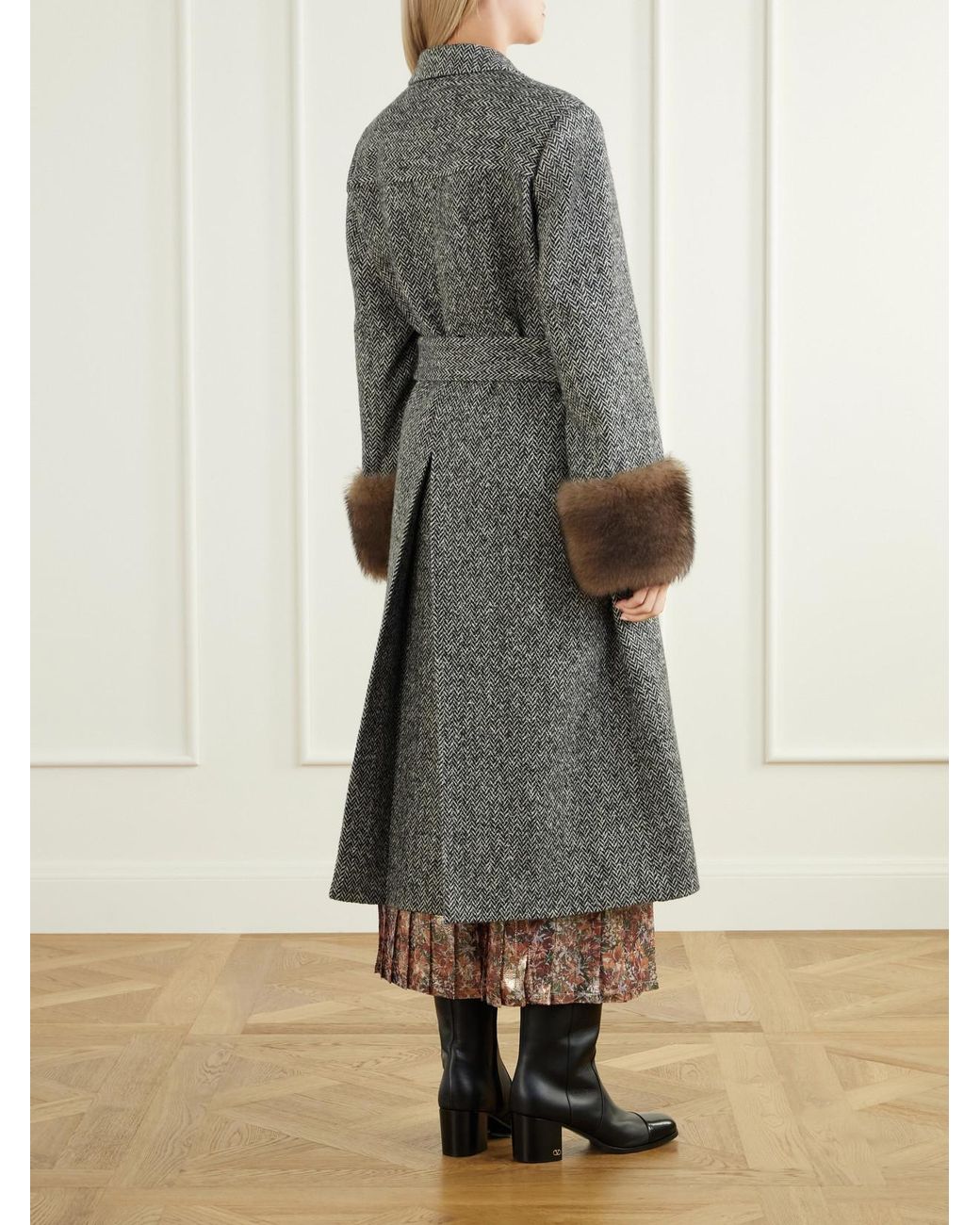 Valentino Garavani Gray Belted Shearling-Trimmed Herringbone Wool-Blend Coat