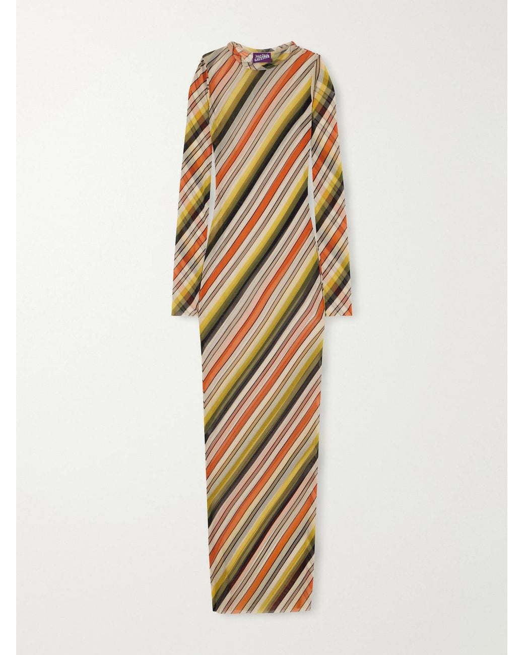 Jean Paul Gaultier Metallic Retro Stripe Printed Mesh Maxi Dress