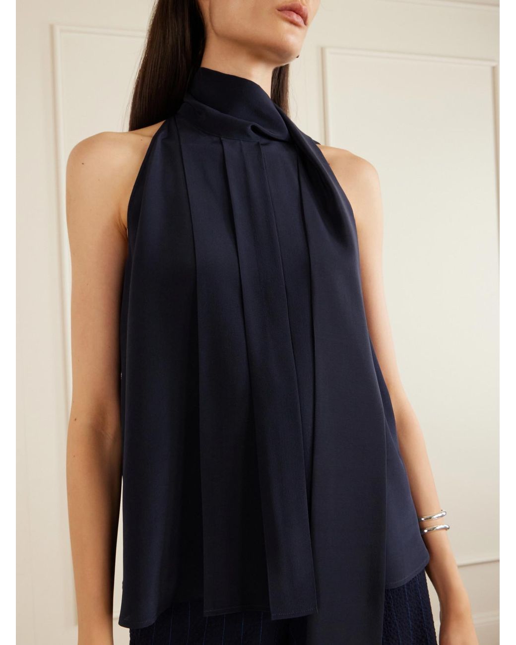 Max Mara Blue Fune Draped Pleated Silk Blouse