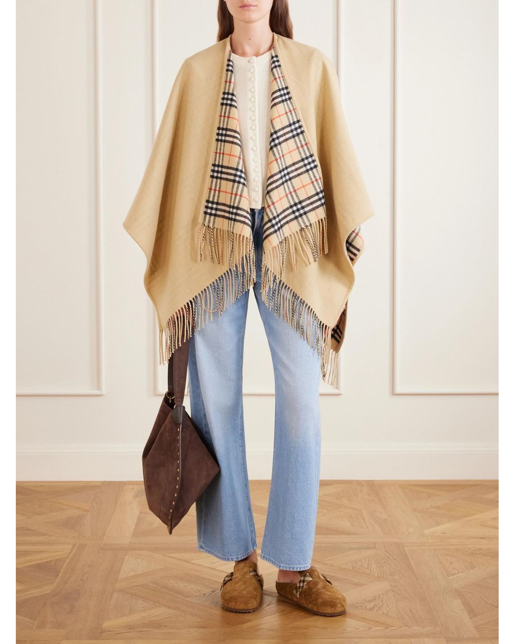 Burberry Brown Urchin Check Shearling-Trimmed Clogs