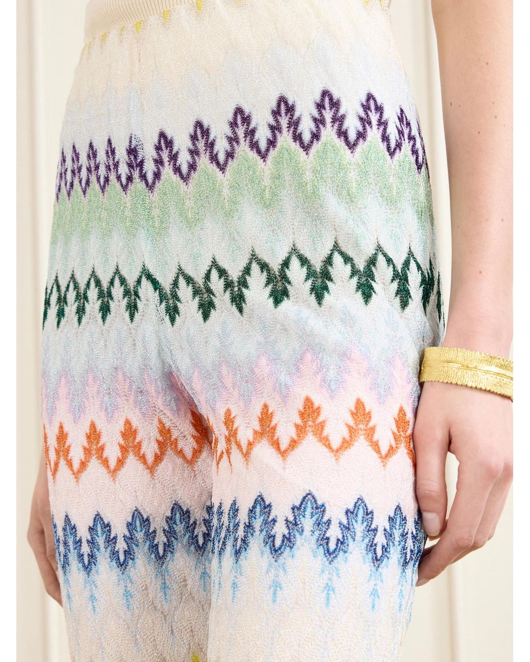 Missoni White Striped Metallic Crochet-Knit Flared Pants