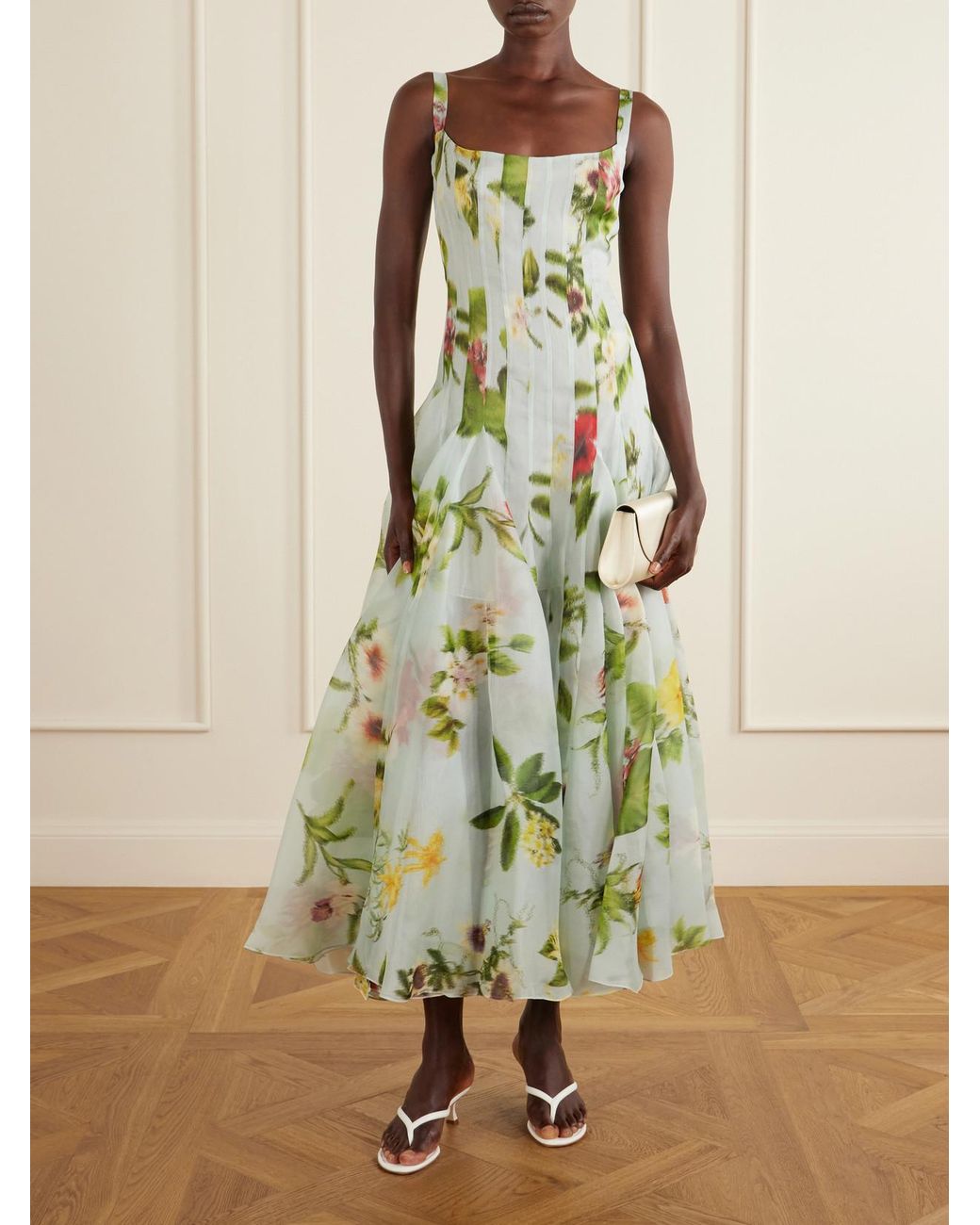Oscar de la Renta White Paneled Floral-Printed Organza Silk Gown