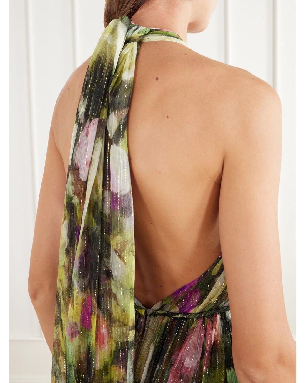 Oscar de la Renta White Belted Tie-Detailed Floral-Print Silk-Blend Chiffon Halterneck Gown