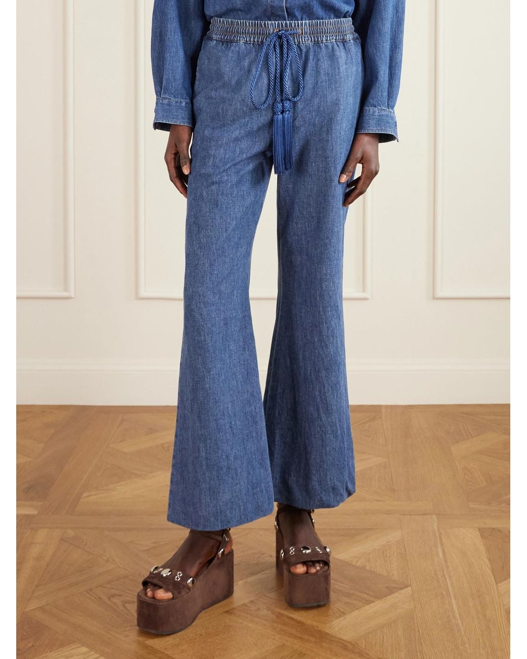 Valentino Garavani Blue Tasseled High-Rise Bootcut Jeans