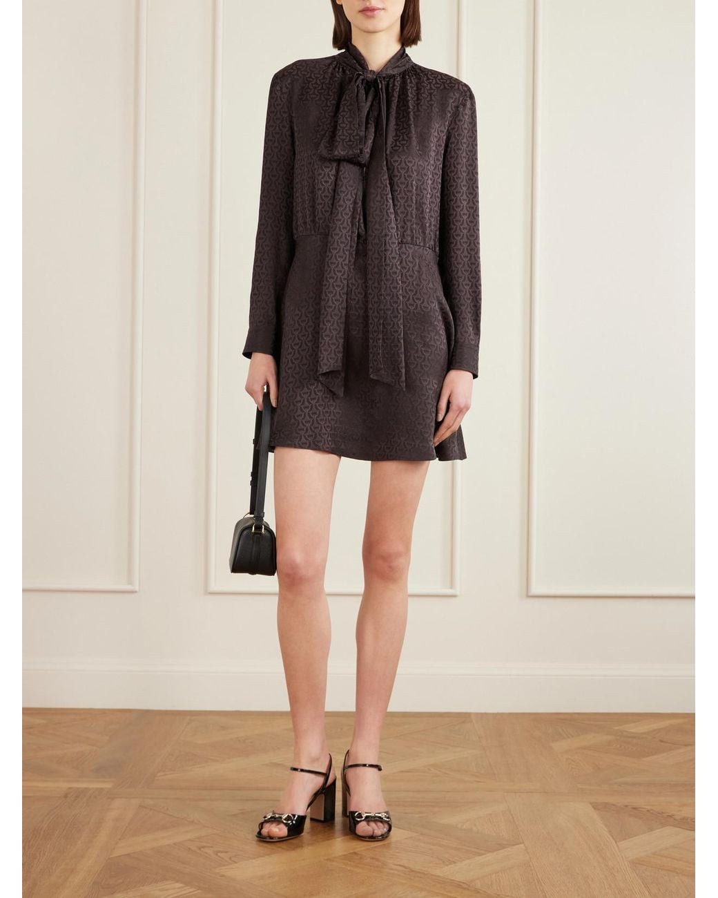 Gucci Brown Pussy-Bow Silk-Jacquard Mini Dress