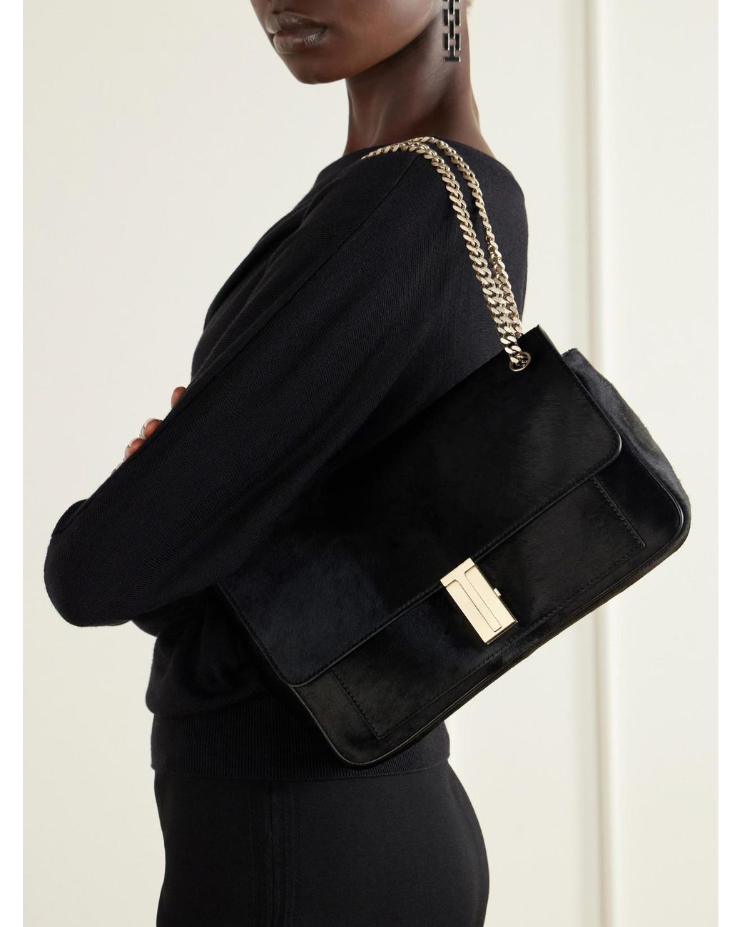 Tom Ford Black Mia T-Embellished Calf Hair Shoulder Bag