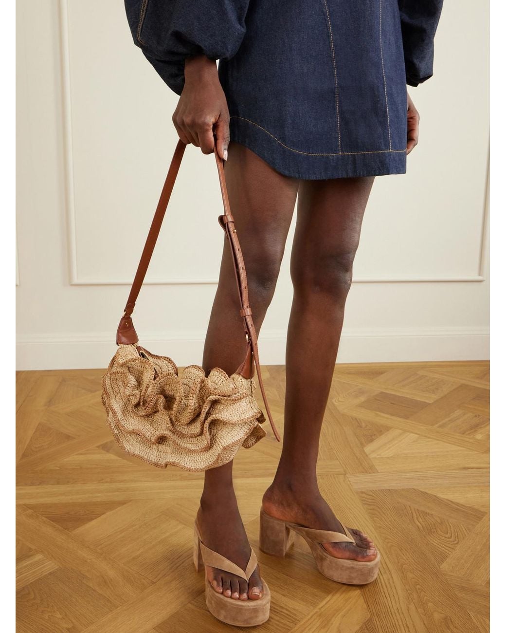 Zimmermann Natural Goldentime Ruffled Leather-Trimmed Raffia Shoulder Bag