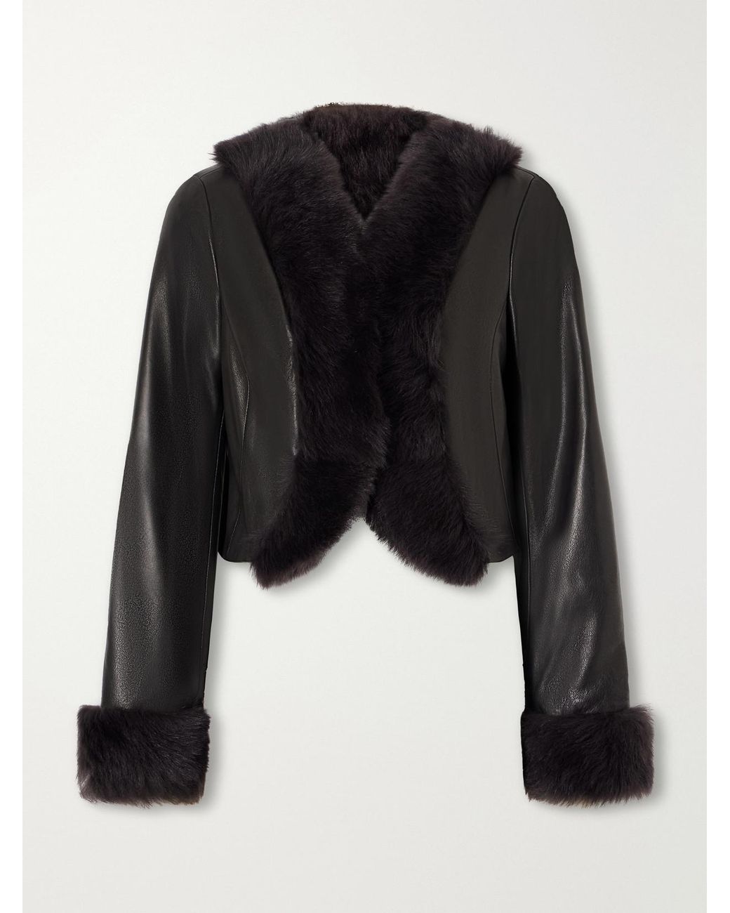 Nour Hammour Black Sofie Cropped Shearling-Trimmed Leather Jacket