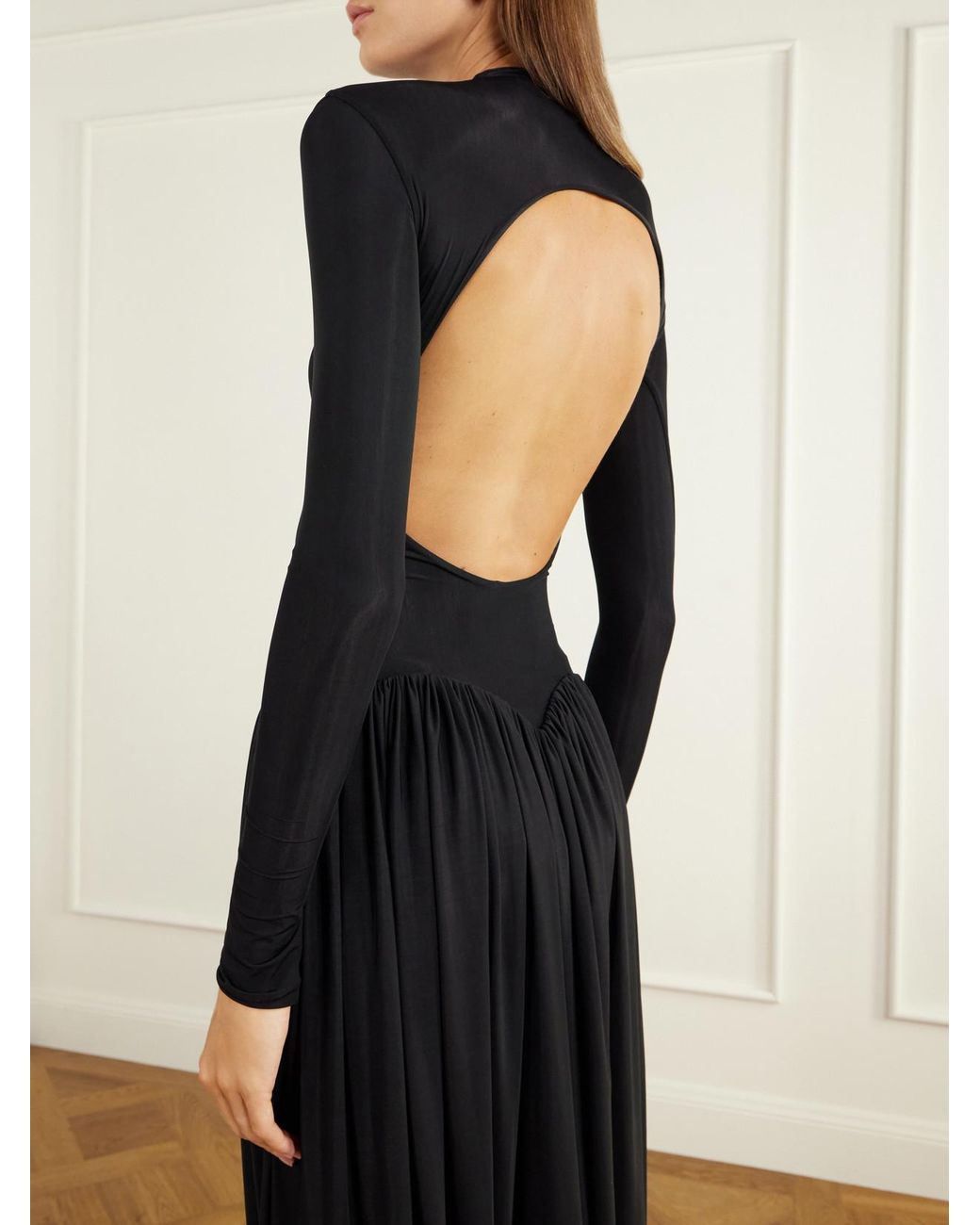 Maygel Coronel Black Onix Open-Back Gathered Jersey Midi Dress