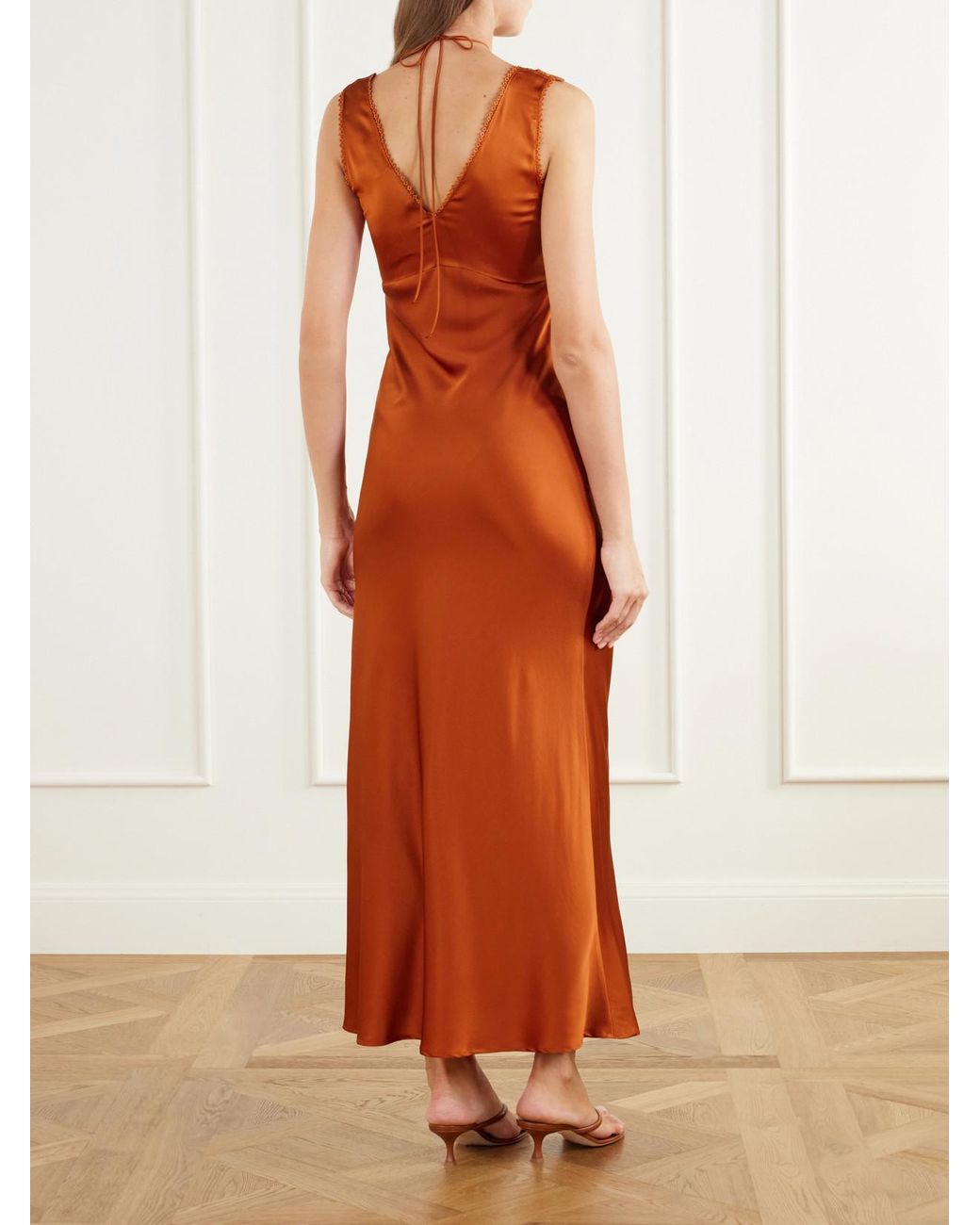 Miguelina Orange Crochet-Trimmed Silk-Blend Charmeuse Halterneck Maxi Dress
