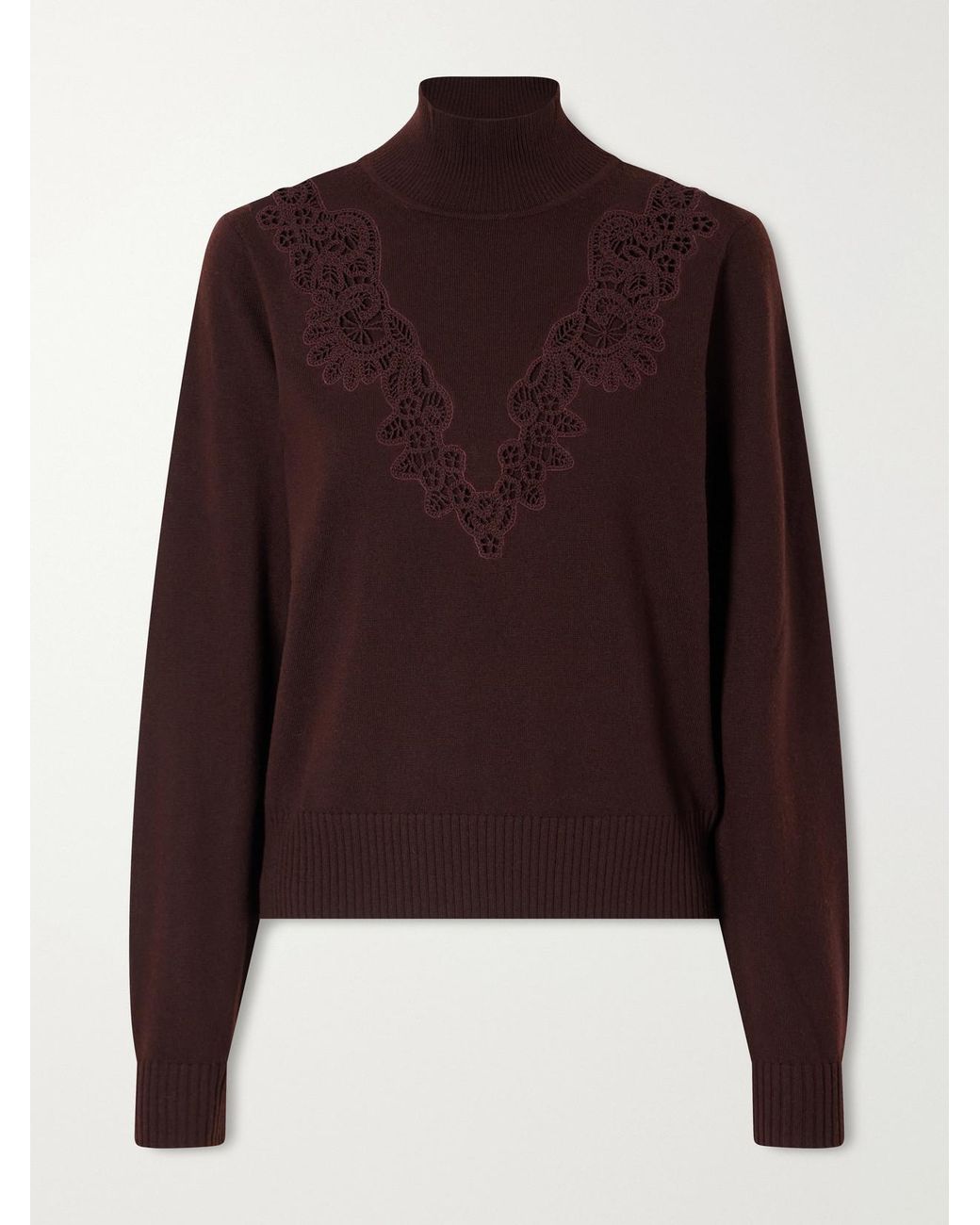 Zimmermann Brown Valiant Lace-Trimmed Wool Turtleneck Sweater