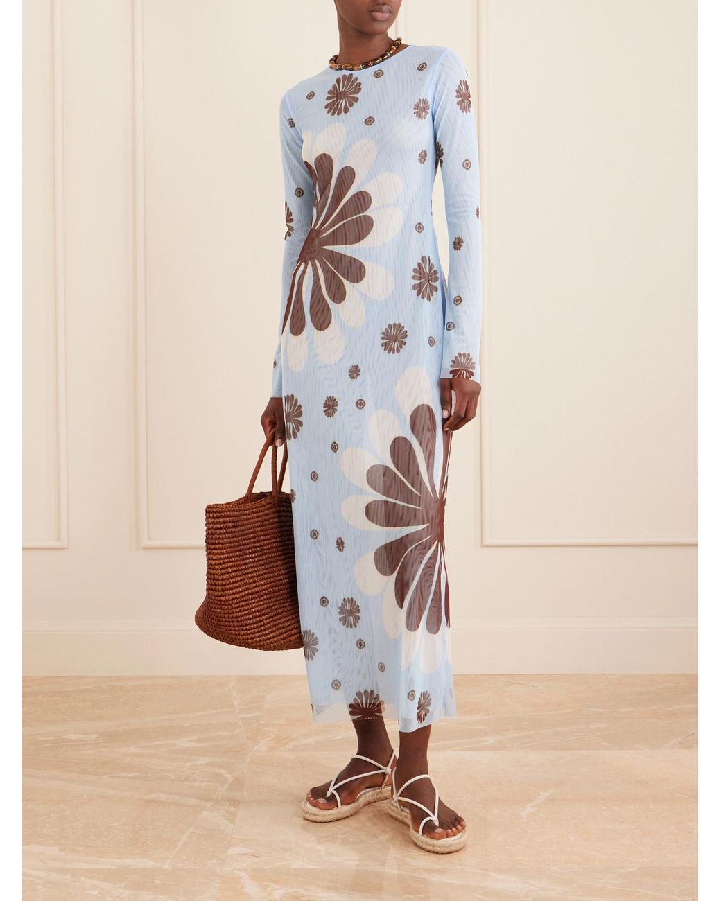 Cala De La Cruz Blue Tania Printed Mesh Midi Dress