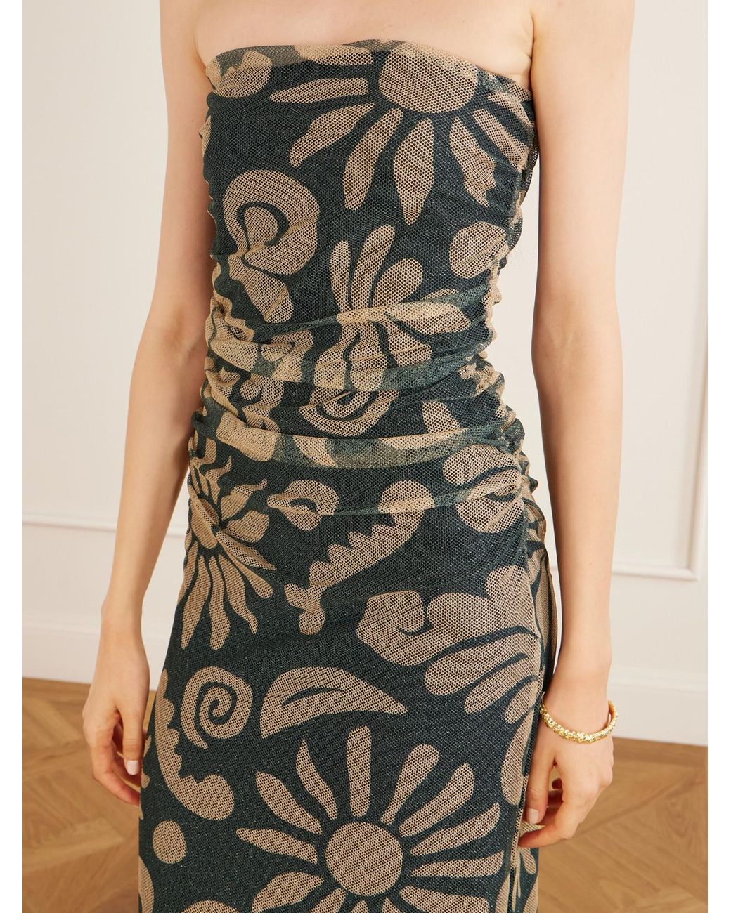 Cala De La Cruz Black Daphne Ruched Printed Mesh Midi Dress