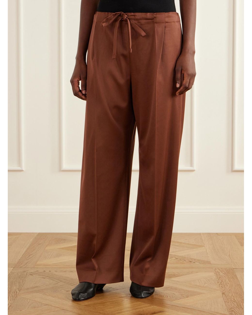 Another Tomorrow Brown Pleated Wool-Blend Straight-Leg Pants