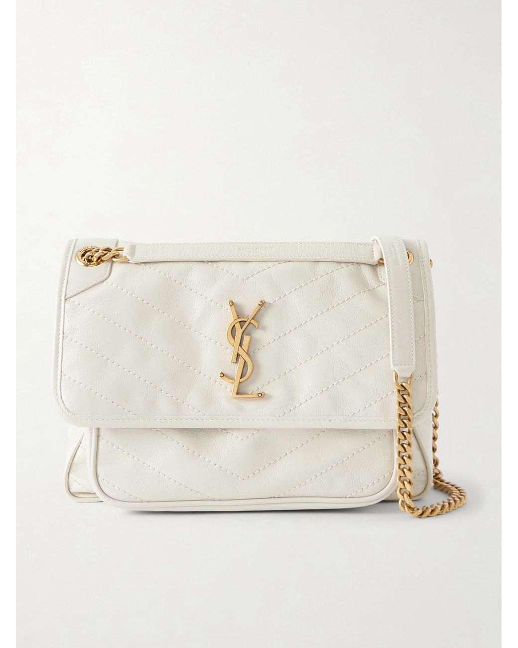 Saint Laurent Natural Niki Cassandre-Embellished Crinkled-Leather Shoulder Bag