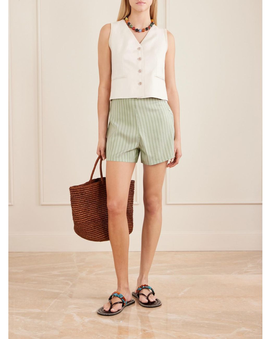 Bode Green Sylvan Striped Silk-Satin Shorts