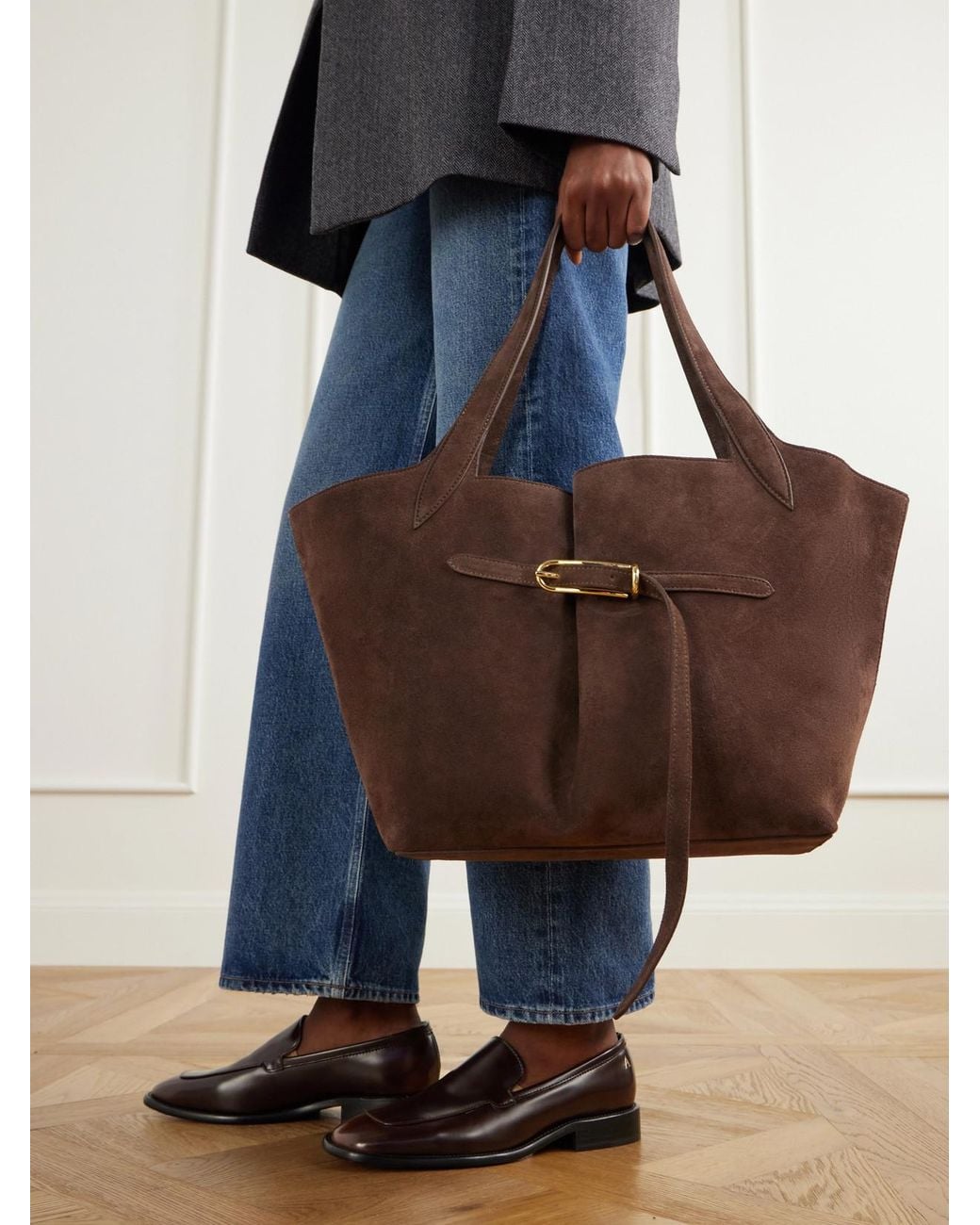 Liffner Brown Belted Suede Tote