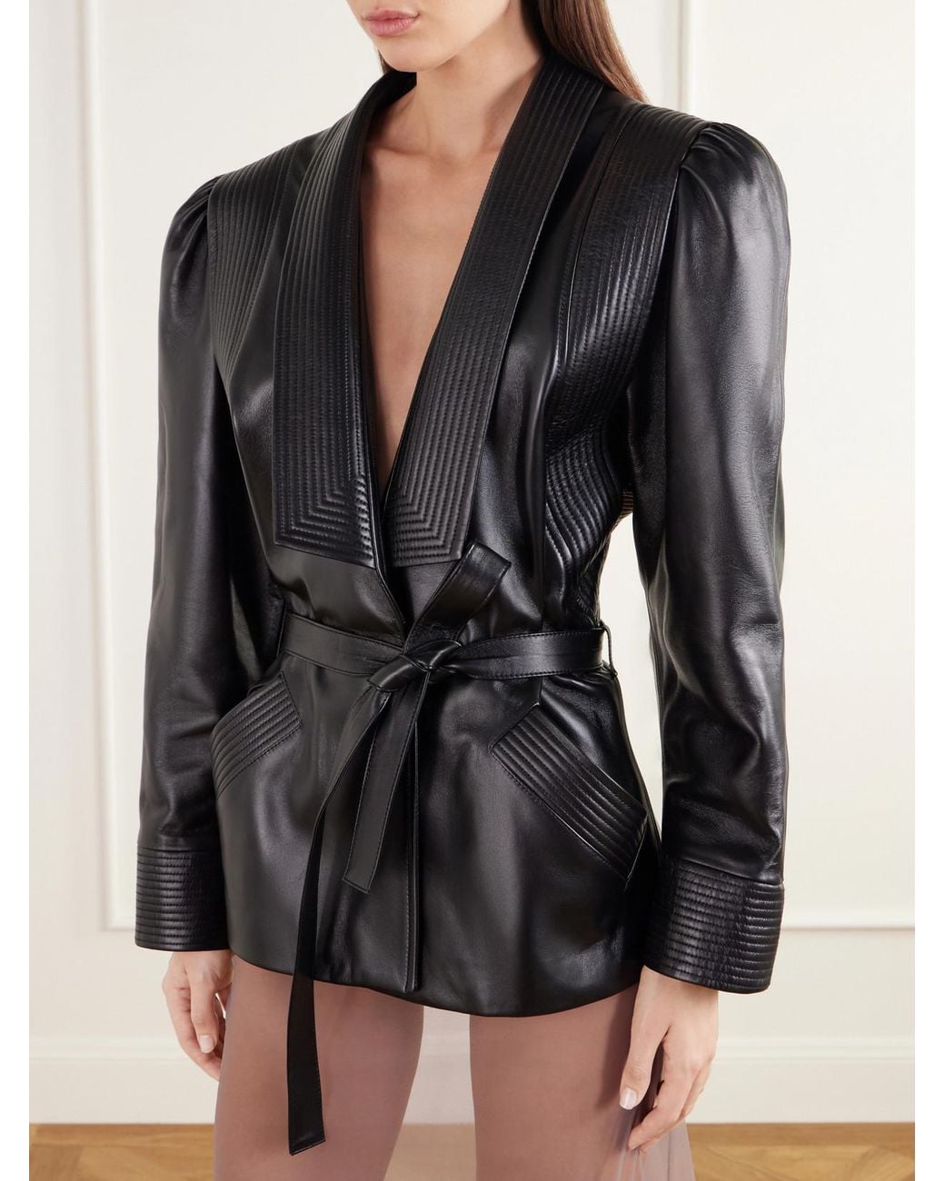 Valentino Garavani Black Pleated Belted Leather Jacket