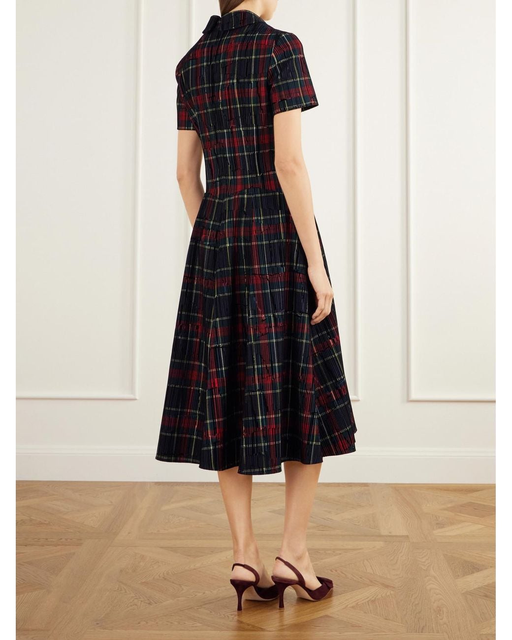 Emilia Wickstead Black Jody Checked Flocked Velvet-Trimmed Gabardine Midi Dress