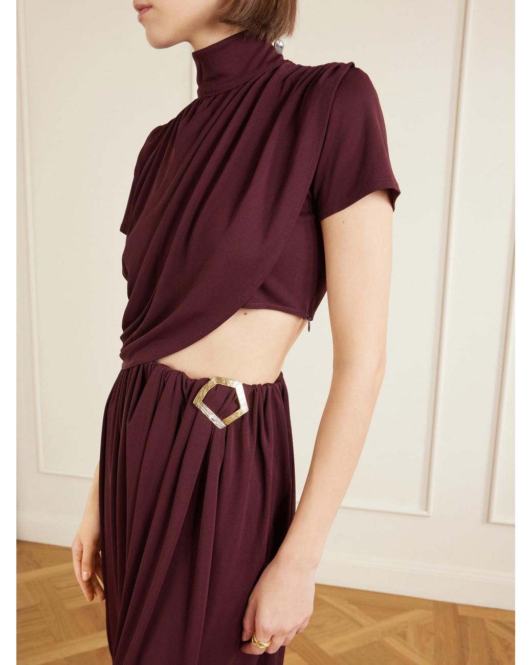 Violante Nessi Purple Pagani Cutout Embellished Gathered Crepe De Chine Midi Dress