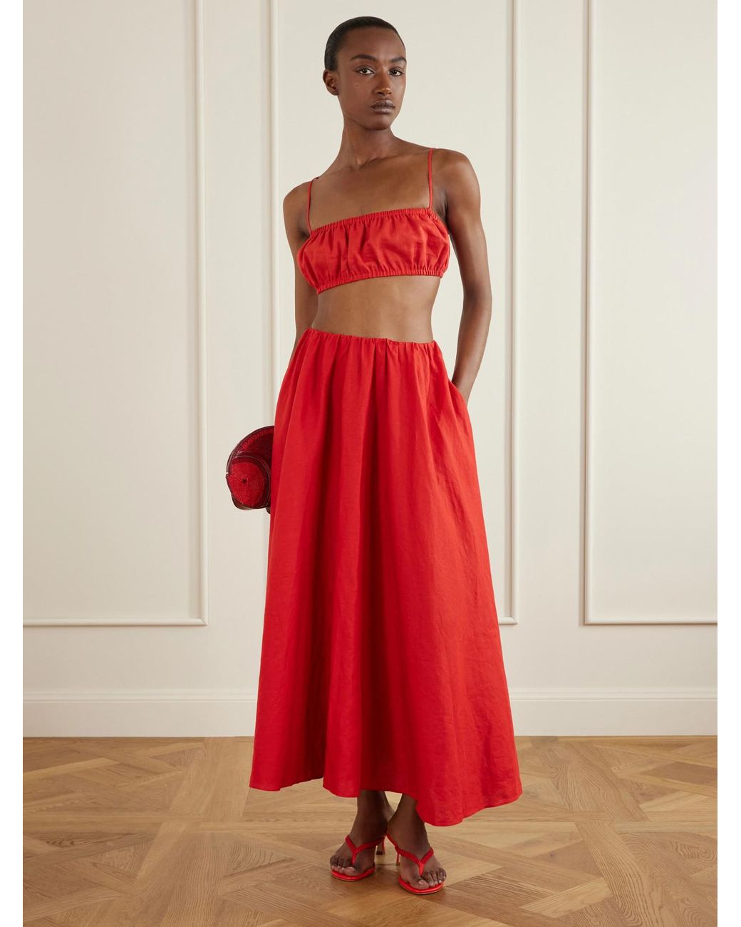 Staud Red Freja Embellished Leather Thong Sandals