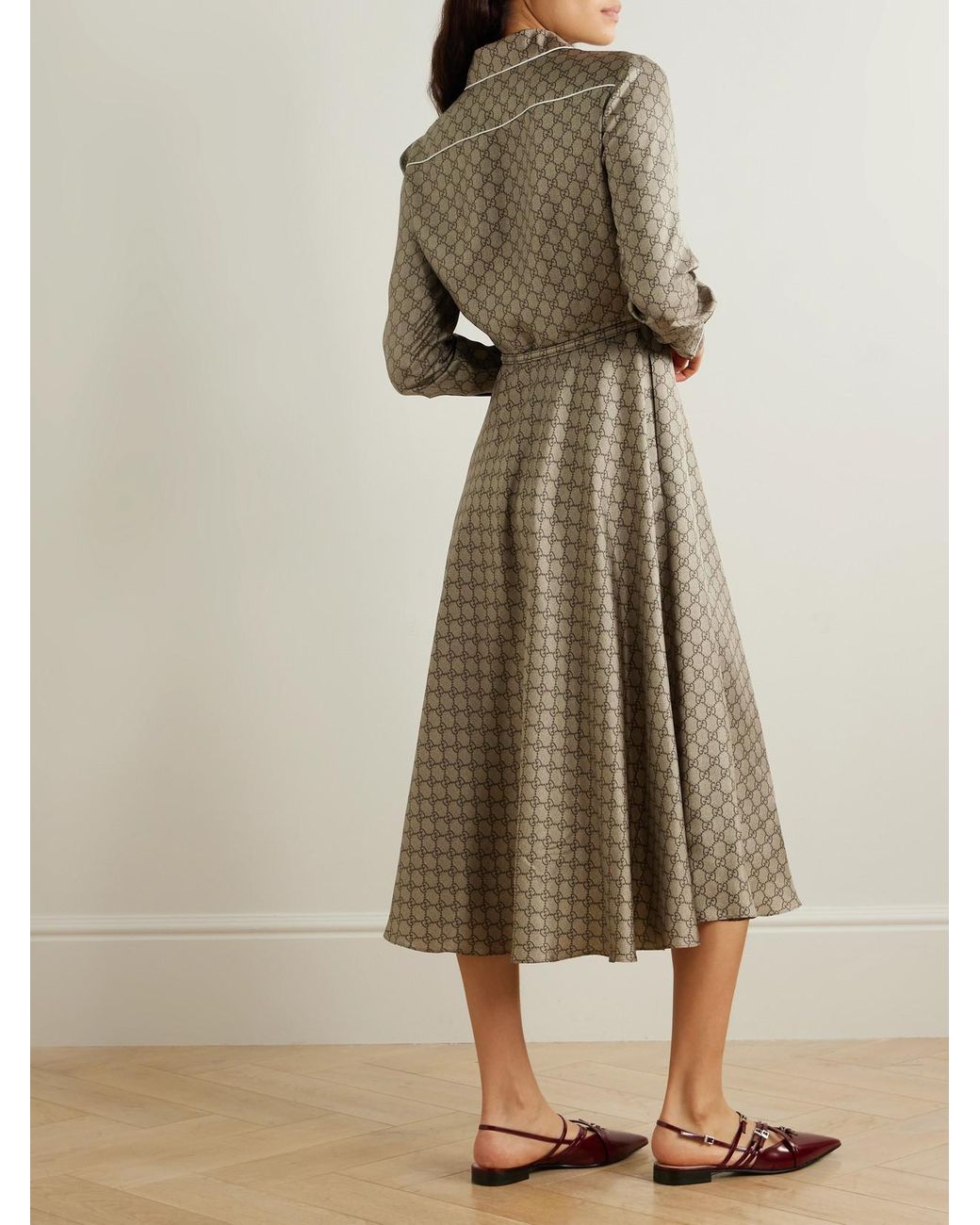 Gucci Natural Belted Piped Printed Silk-Twill Midi Shirt Dress