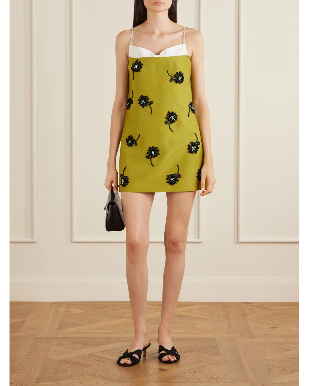 ShuShu/Tong Yellow Floral-Appliqué Bead-Embellished Crepe Bustier Mini Dress