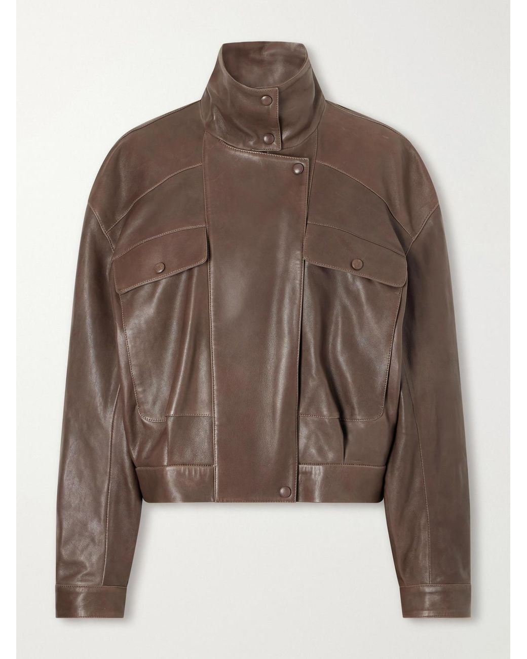 Nour Hammour Brown Quincy Cropped Paneled Leather Bomber Jacket
