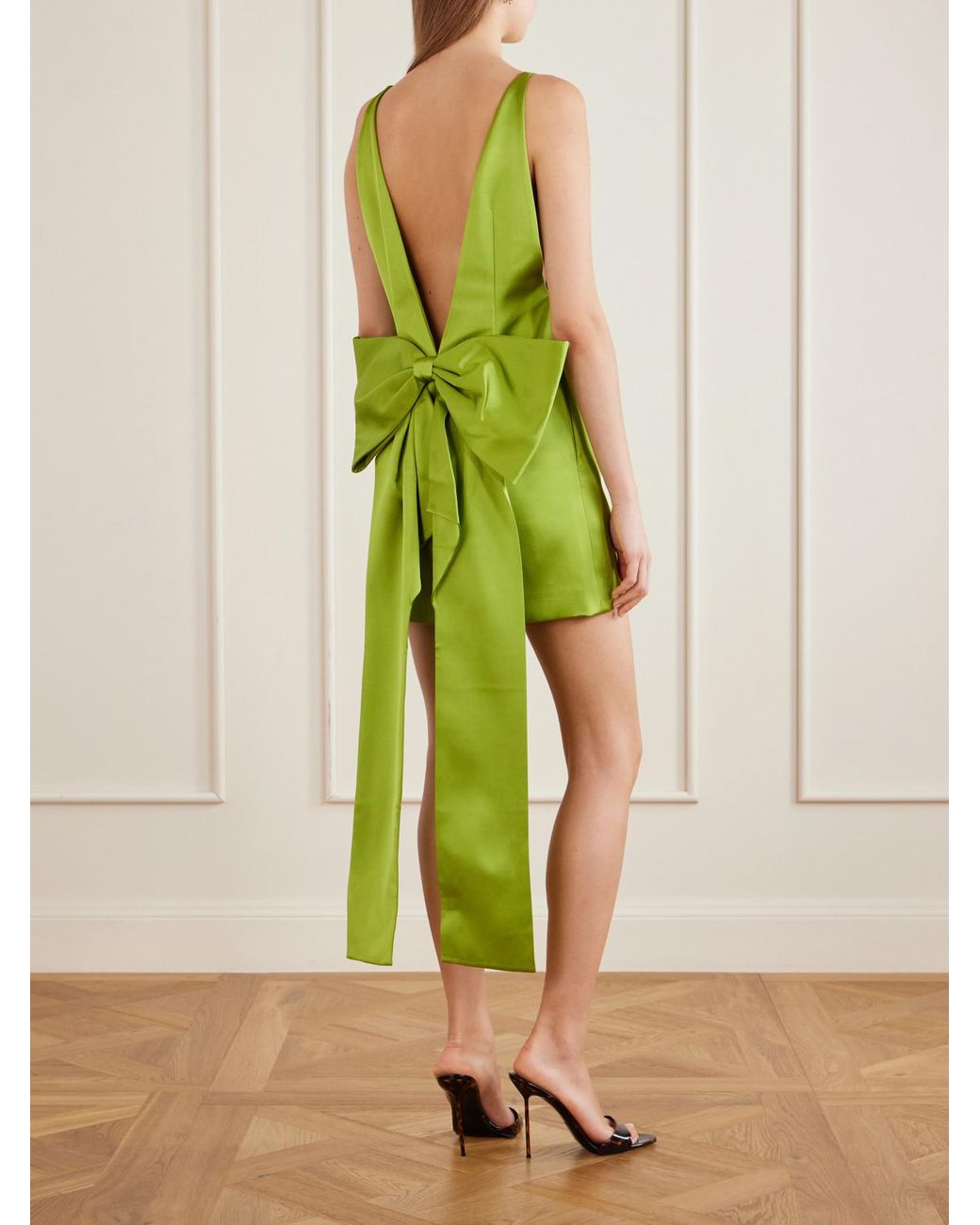 Self-Portrait Green Bow-Detailed Satin Mini Dress
