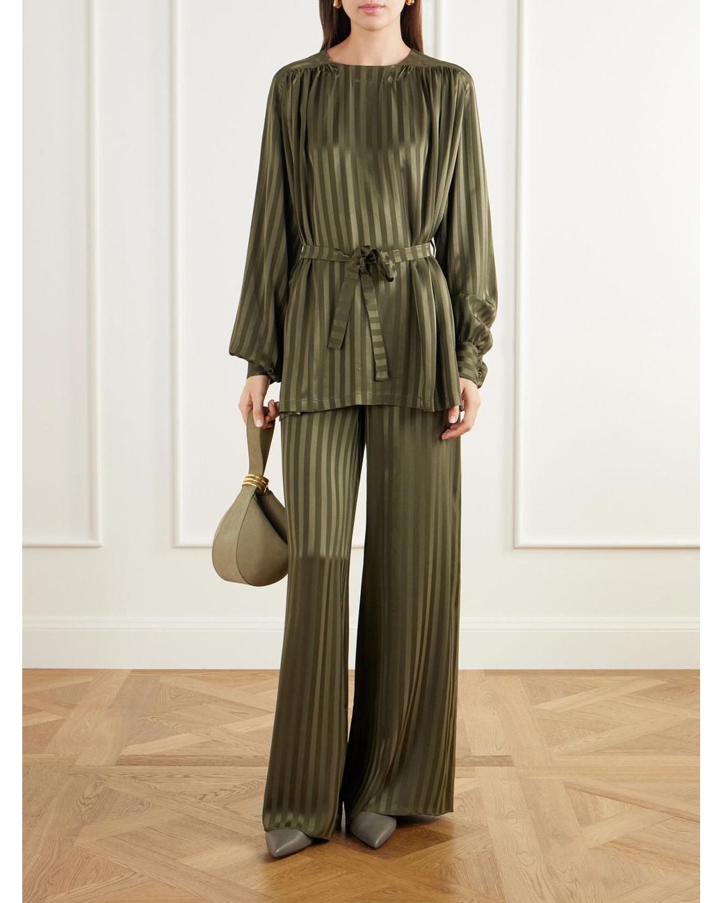 Giuliva Heritage Green The Amanda Striped Silk-Jacquard Wide-Leg Pants