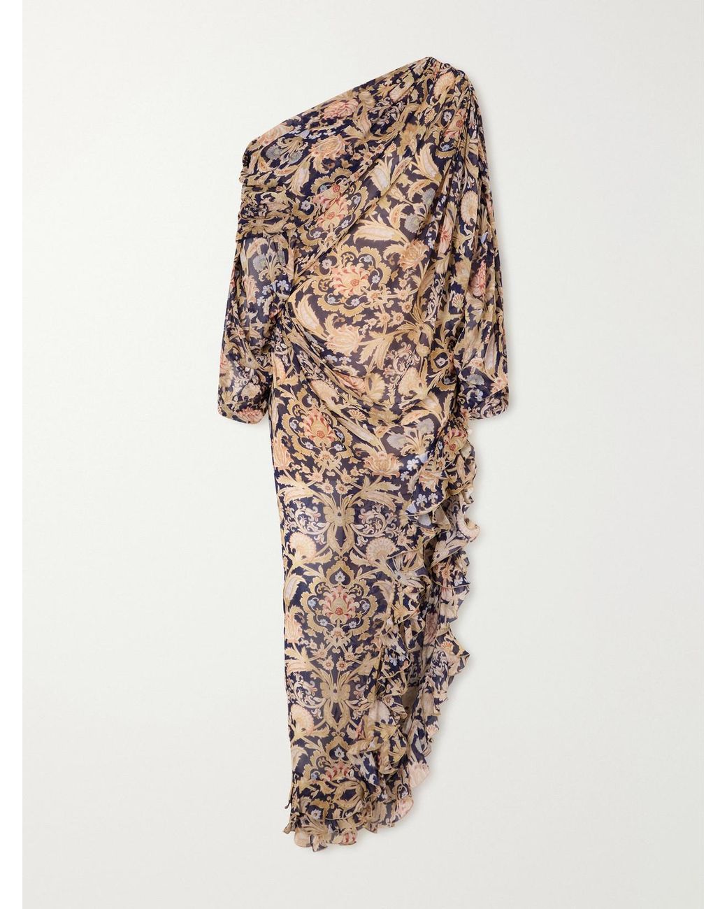 Zimmermann Natural Valiant One-Shoulder Gathered Printed Crepe Maxi Dress
