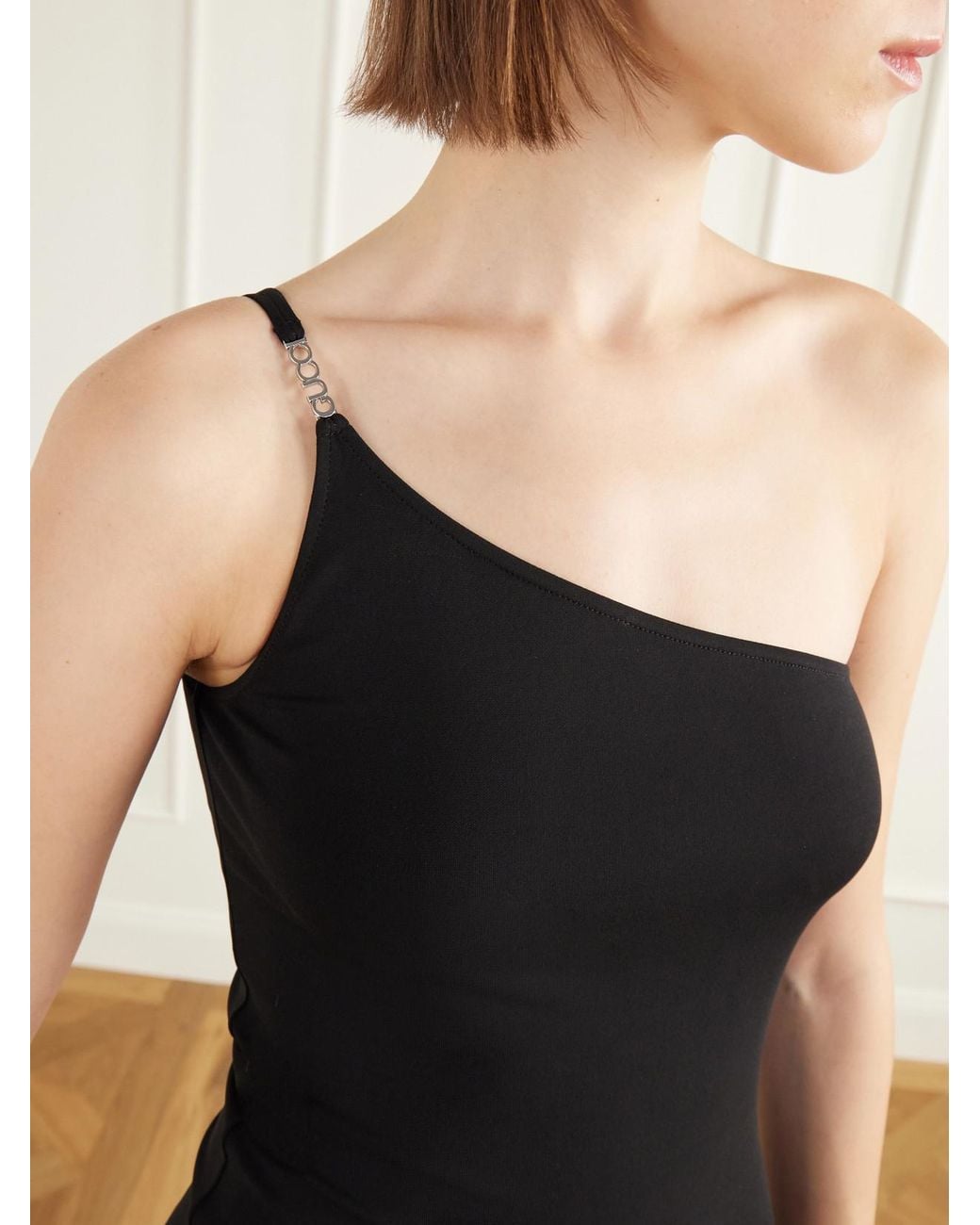 Gucci Black One-Shoulder Logo-Embellished Crepe-Jersey Midi Dress