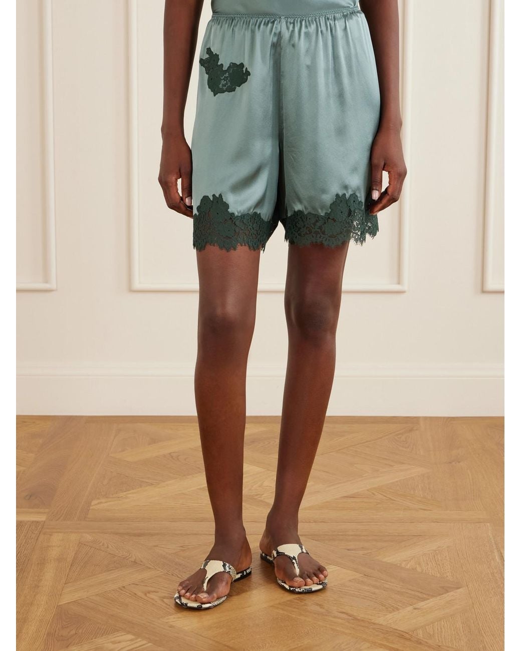 Doen Blue Irsa Lace-Trimmed Silk Shorts