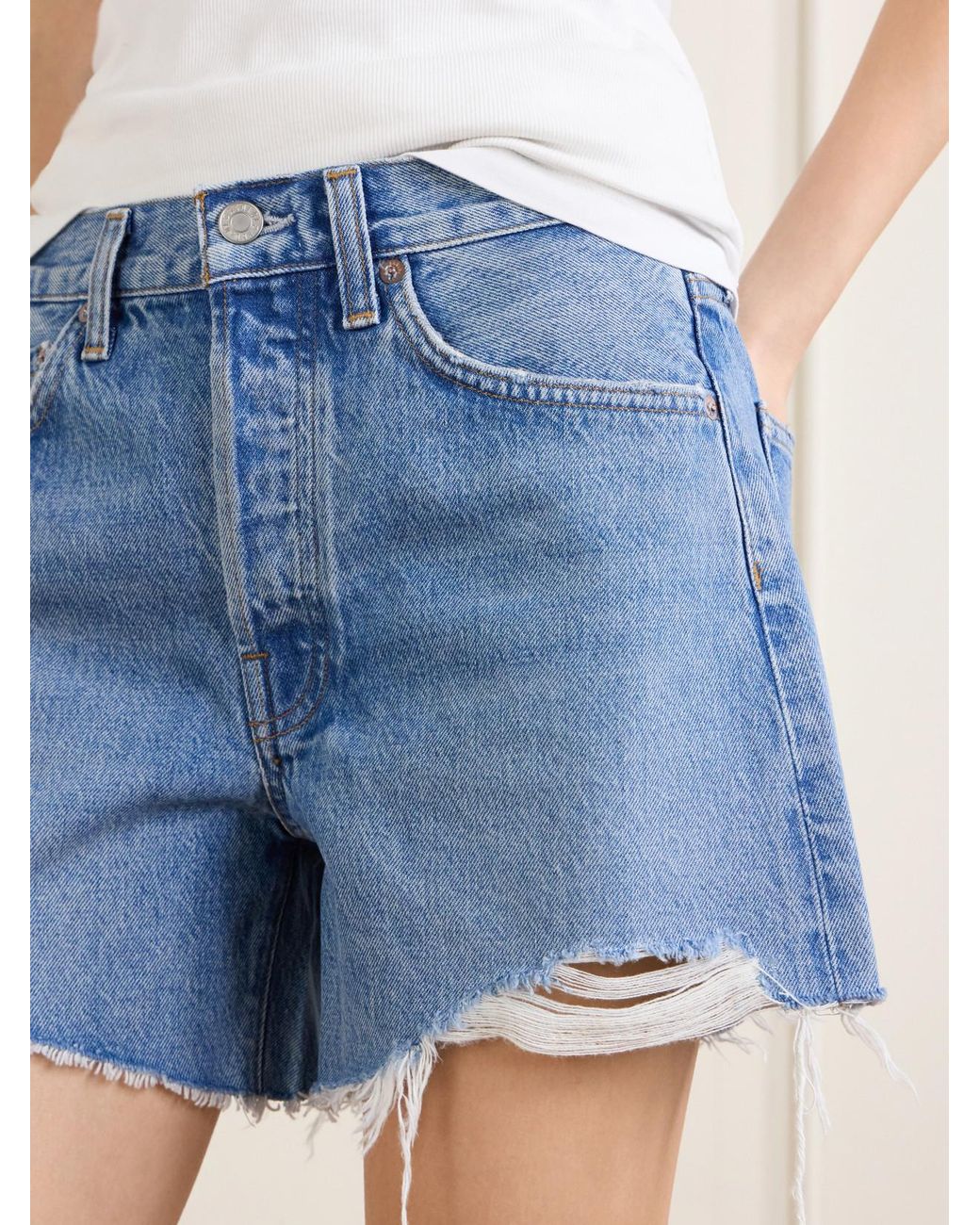 Agolde Blue Parker Long Distressed Denim Shorts