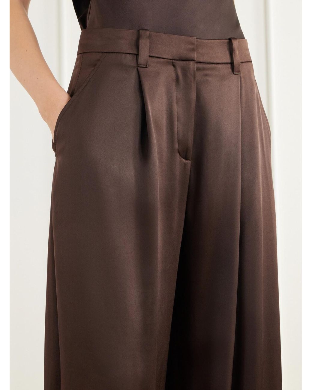 Brunello Cucinelli Brown Silk-Satin Wide-Leg Pants