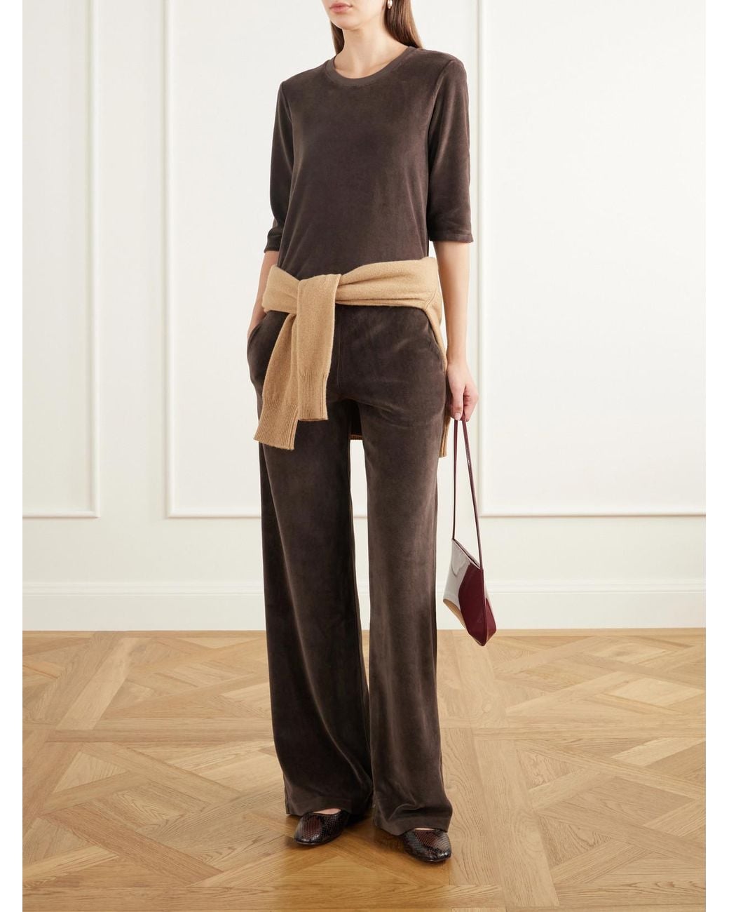 Suzie Kondi Brown Pantaloni Cotton-Blend Velour Wide-Leg Pants