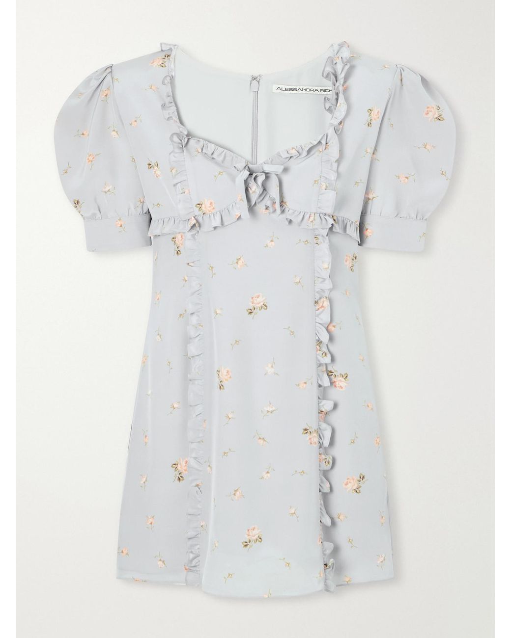Alessandra Rich White Floral-Print Ruffle-Trim Silk-Crepe Mini Dress