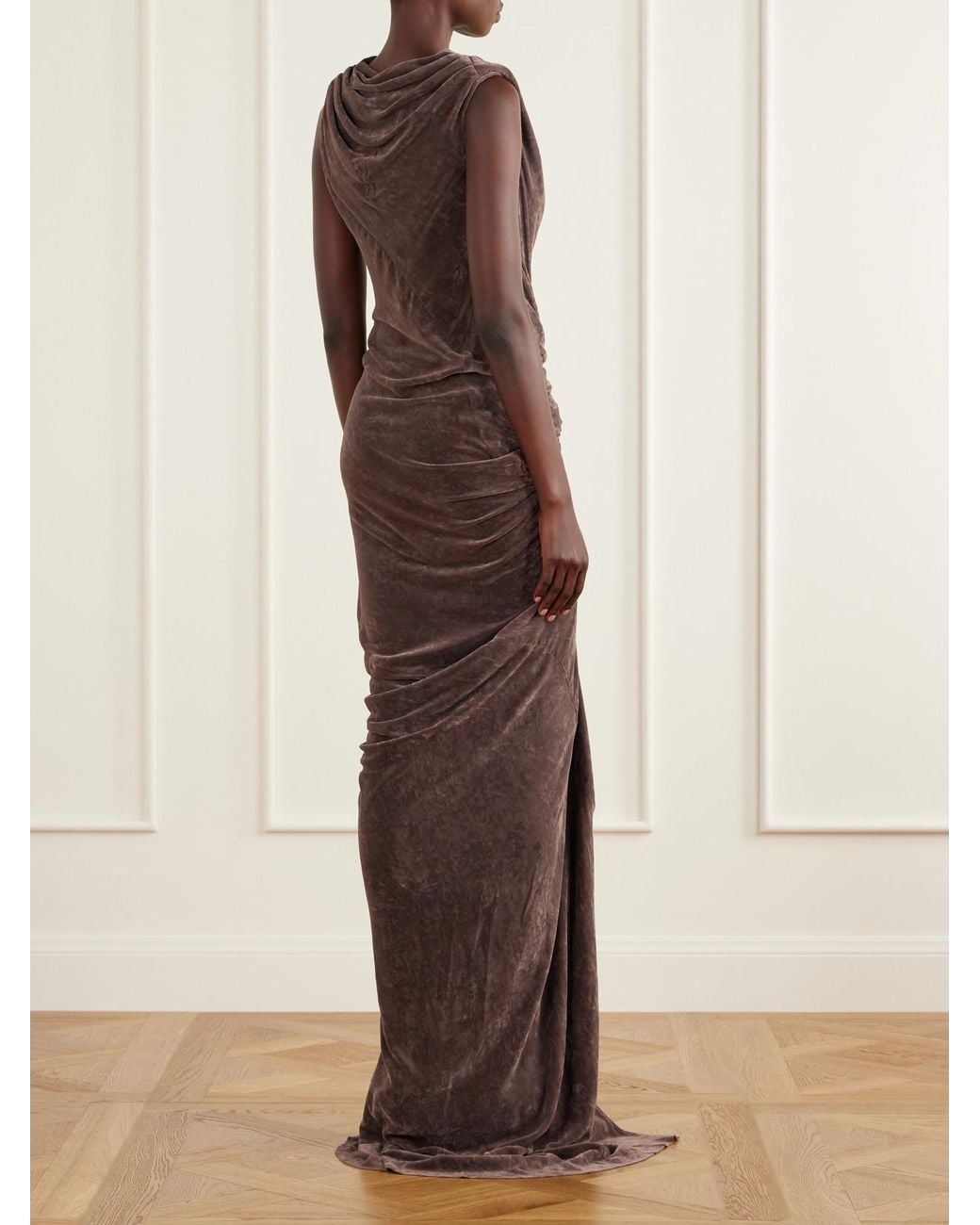 Rick Owens Natural Strutter Draped Velvet Floor-Length Gown