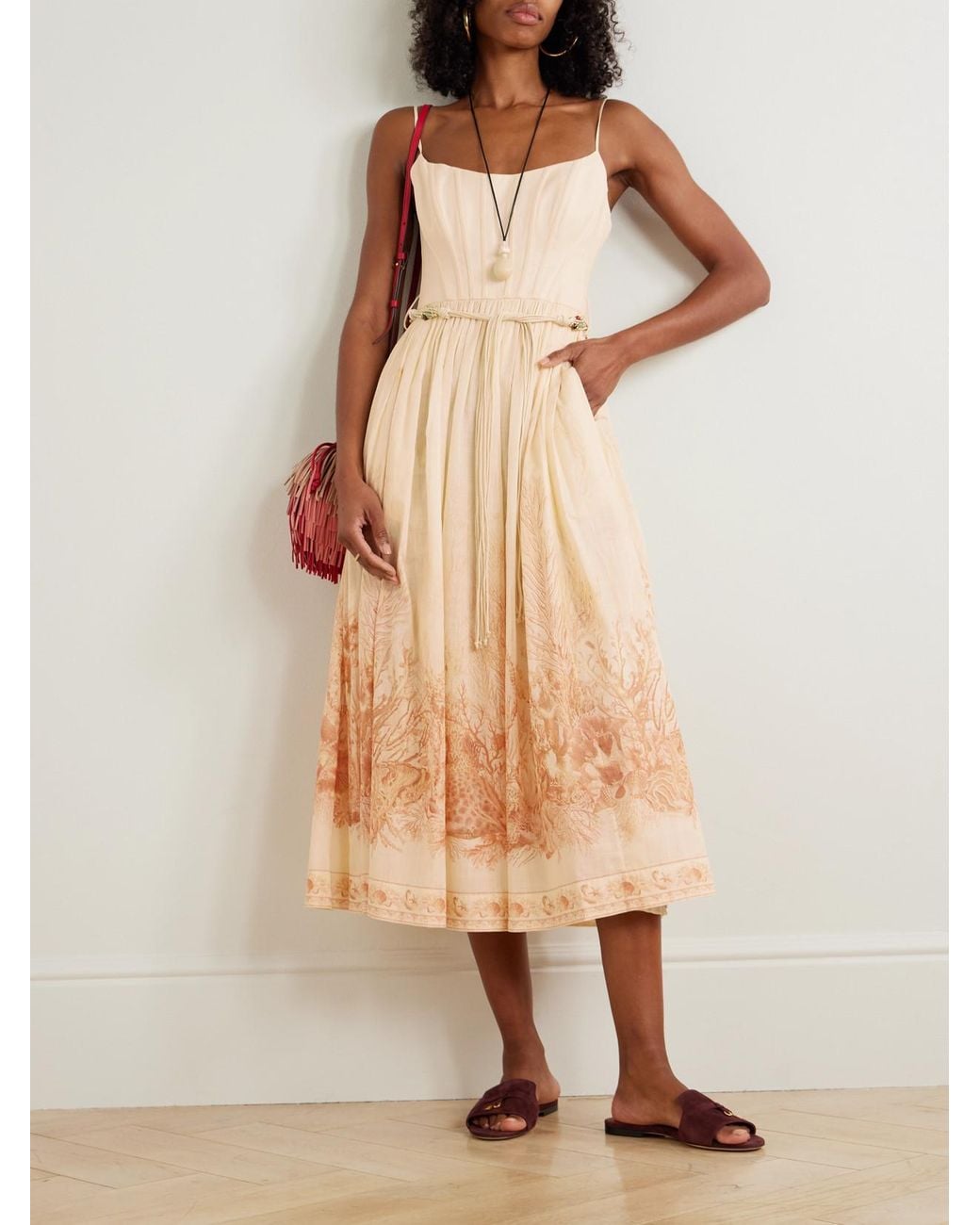 Zimmermann Natural Wanderlust Gathered Printed Cotton-Voile Midi Dress