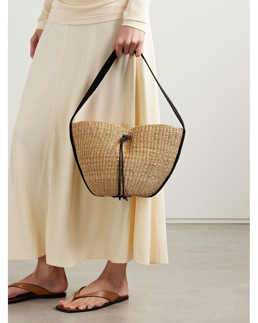 Muuñ Natural Orbi Cotton Canvas-Trimmed Woven Straw Shoulder Bag