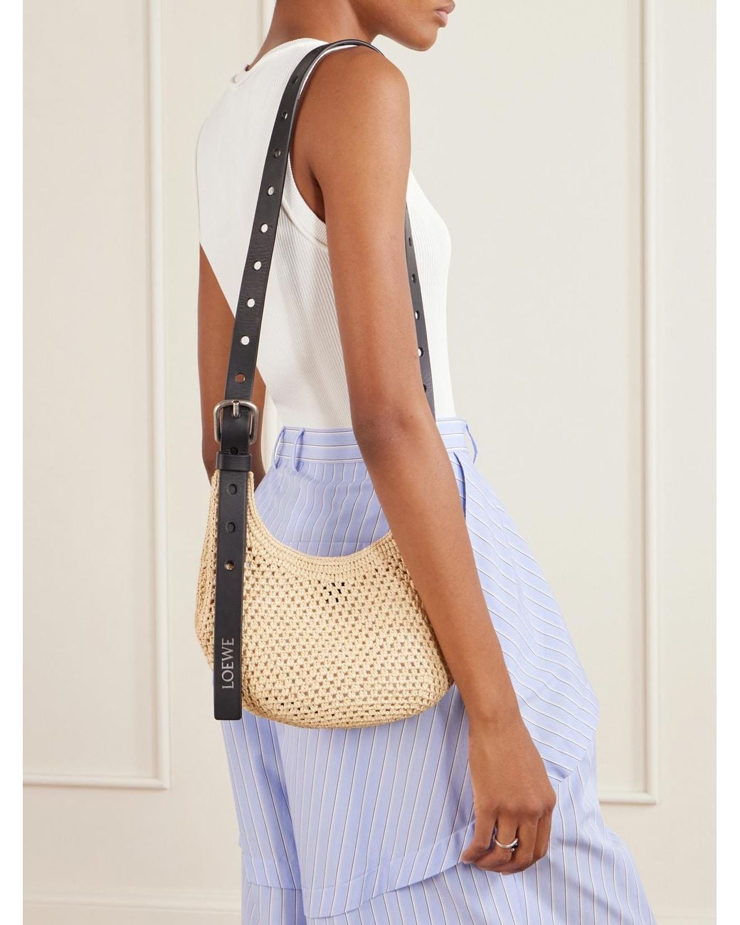 Loewe White Paula's Ibiza Punch Hole Mini Leather-Trimmed Raffia Shoulder Bag