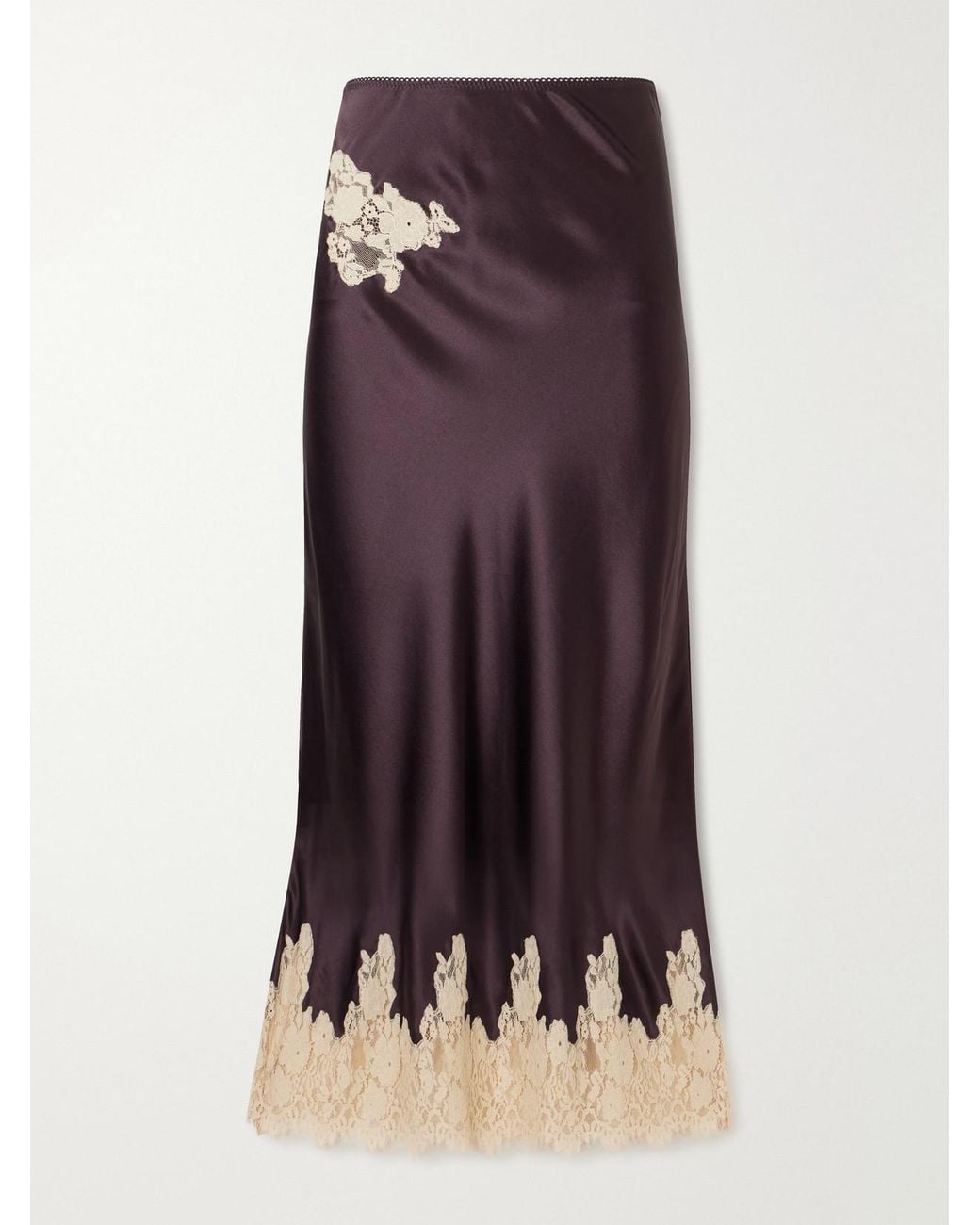 Doen Purple Lace-Trimmed Silk-Satin Midi Skirt