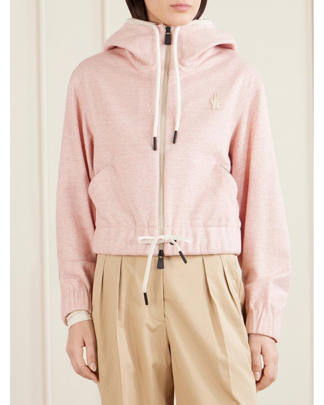Moncler Pink Appliquéd Canvas-Trimmed Linen And Cotton-Blend Zip-Up Hoodie