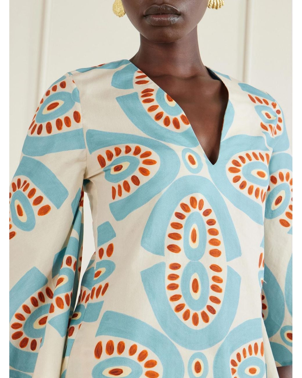 Themis Z Blue Thaleia Printed Cotton Blouse And Shorts Set