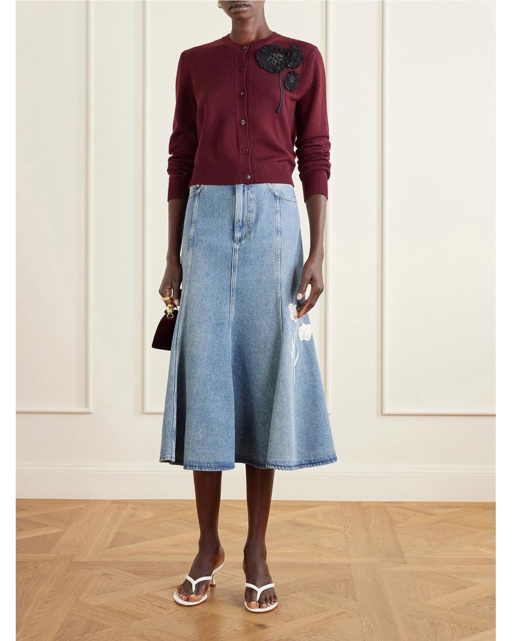 Erdem Red Embellished Ribbed Merino Wool Cardigan